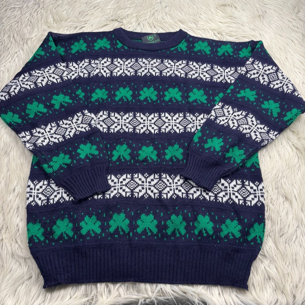 Emerald Isle Men's M Navy Green Four Leaf Clover Fair Isle Sweater Crew Ireland